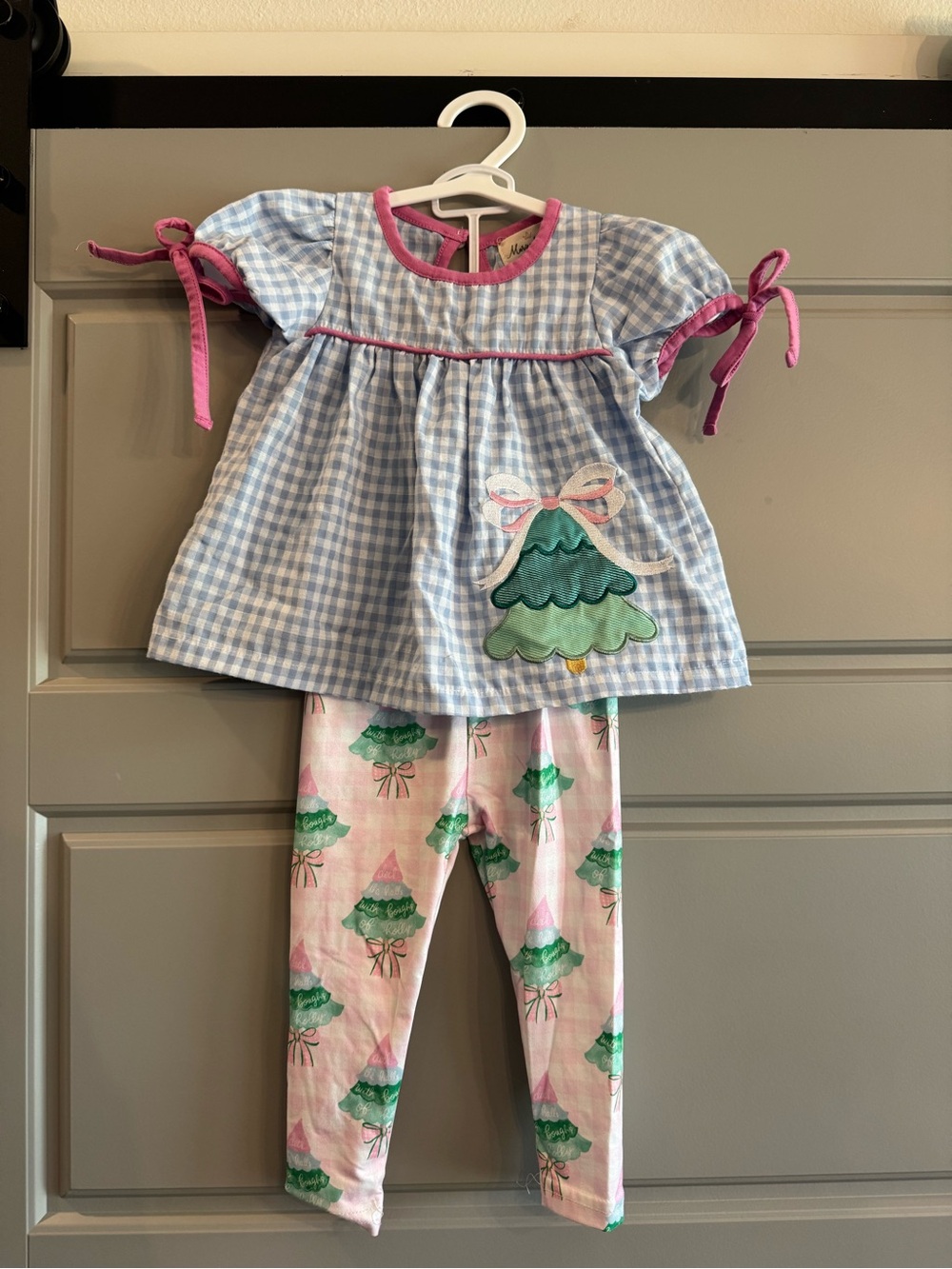 Girls Christmas Blue Gingham Top & Pink Tree-Print Pajama Set